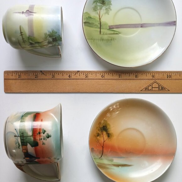 Antique Nippon Cups and Saucers Set: Hand-Painted Japanese Porcelain Landscape - Picture 5 of 9